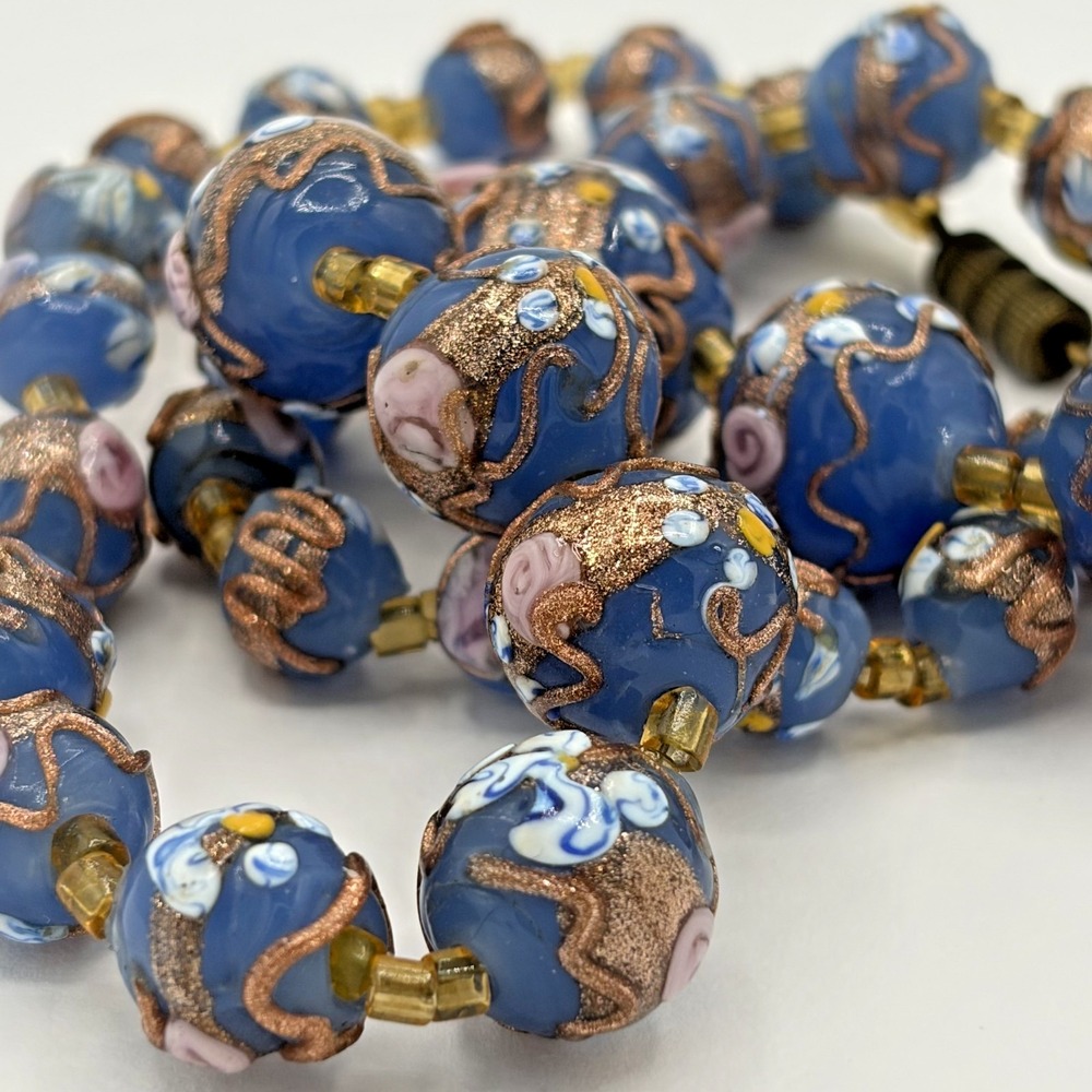 Vintage Venetian Wedding Cake Blue Fiorato Glass Bead Necklace Graduated 16 1/2